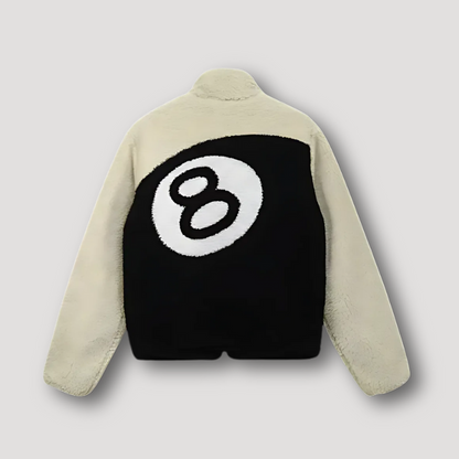 Zip Up '8-ball' Print Graphic Plush Shearling Jacket