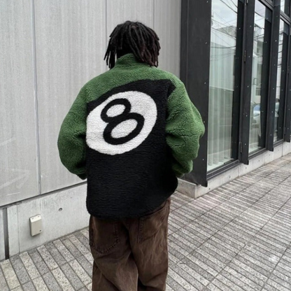 Zip Up '8-ball' Print Graphic Plush Shearling Jacket