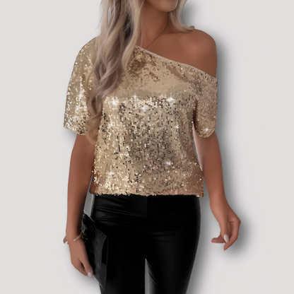 Sequin Short Sleeve One Shoulder Top Women