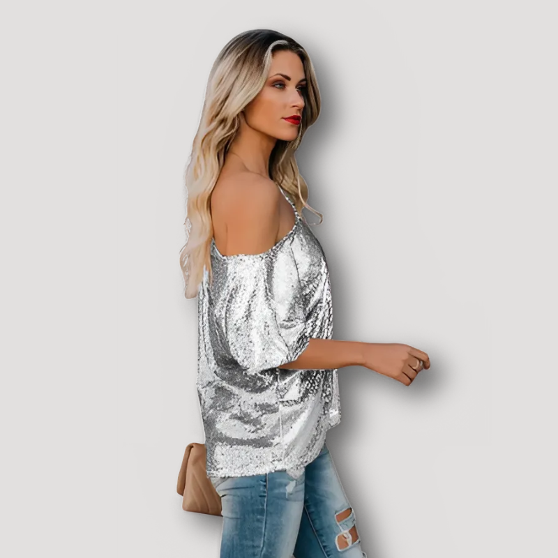 Sequin Short Sleeve One Shoulder Top Women