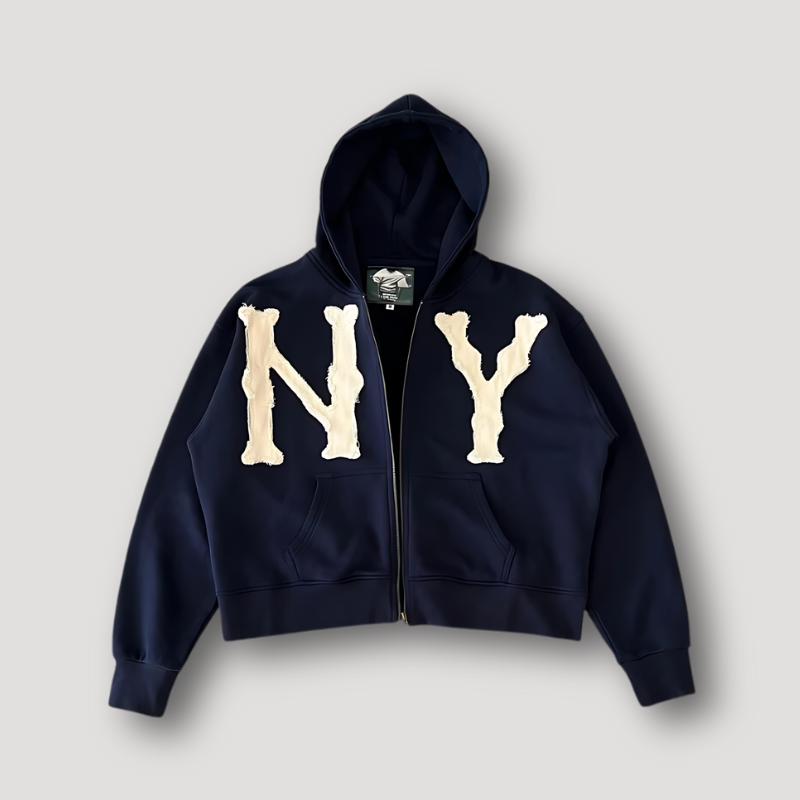 New York NY Furry Embroidery Zip Up Hoodie