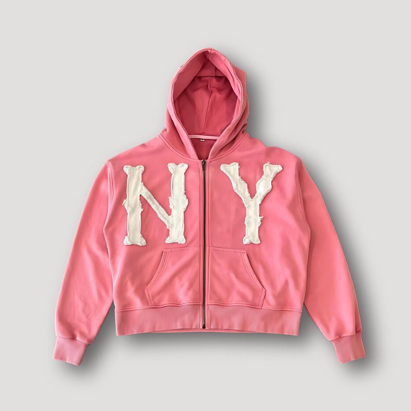 New York NY Furry Embroidery Zip Up Hoodie