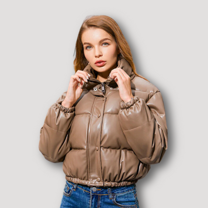 Stand Collar Cotton Padded Leather Coat Women