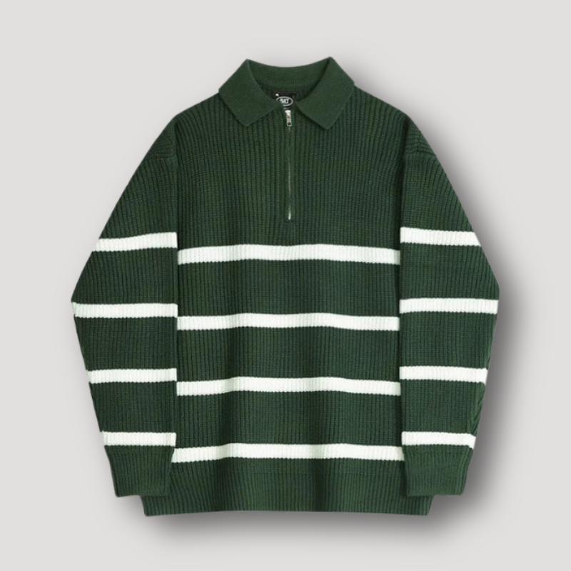 White Stripe Green Polo Sweater Quarter Zip