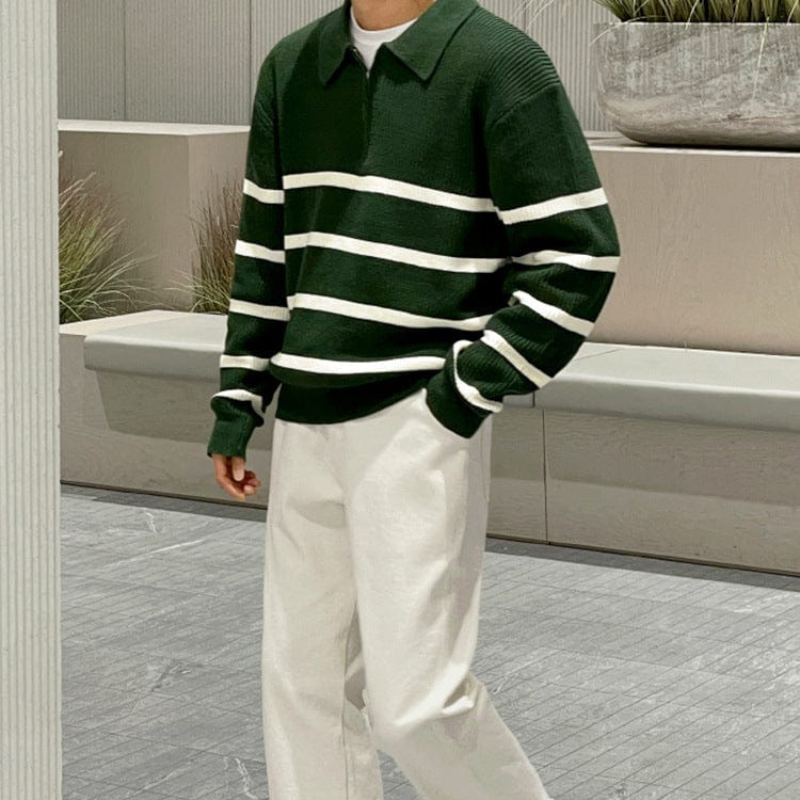 White Stripe Green Polo Sweater Quarter Zip