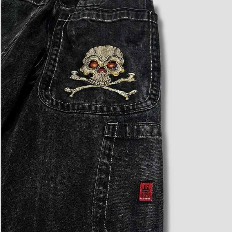 Skull Graphic Embroidery Baggy Jeans