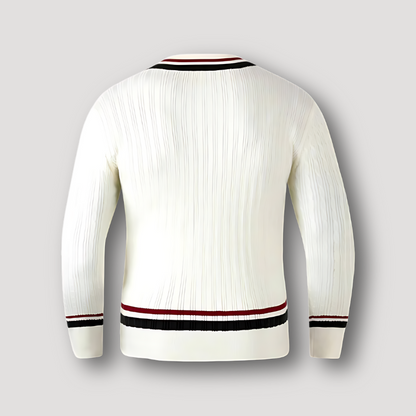 White V-Neck Striped Cable Knit Sweater for Men