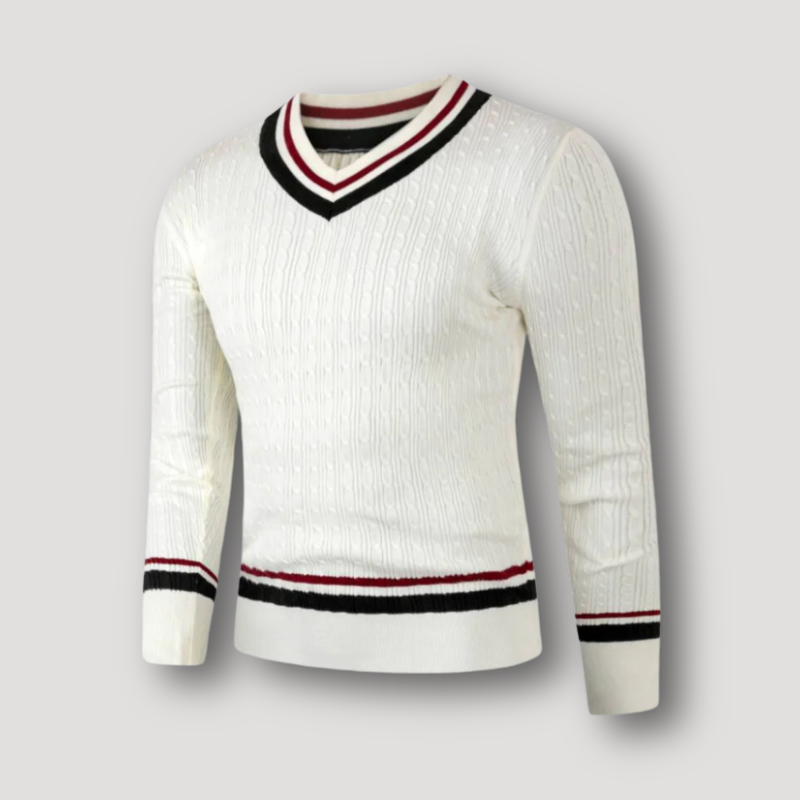 White V-Neck Striped Cable Knit Sweater for Men