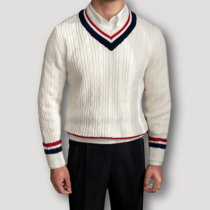 White V-Neck Striped Cable Knit Sweater for Men