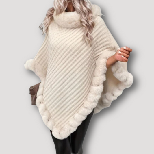 Boho Style Beige Chunky Ribbed Knit Fur Trim Winter Poncho