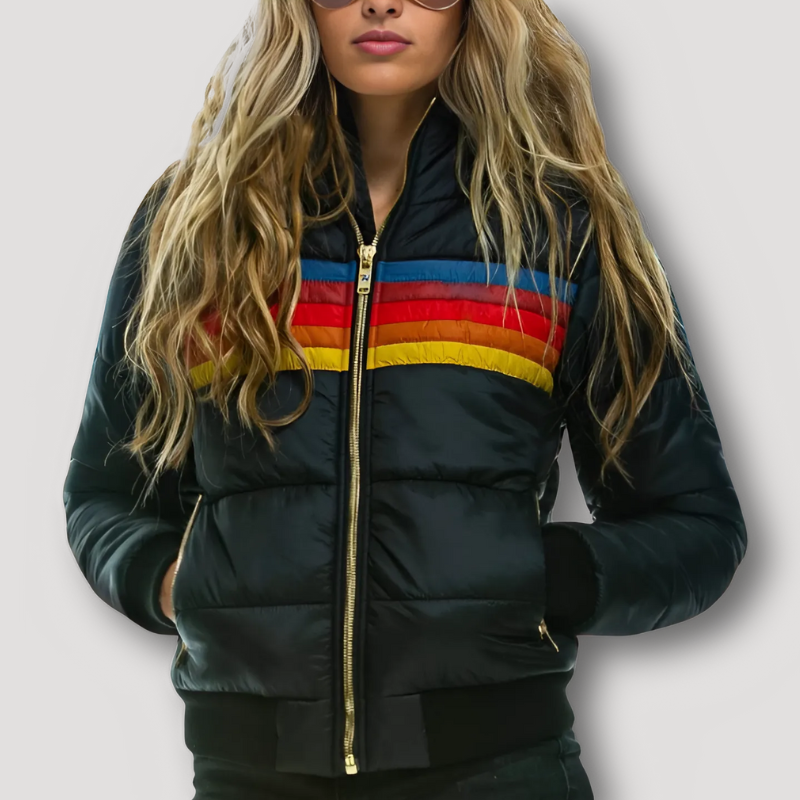 Puffer Coat With Hood Retro Rainbow Striped Jacket Women