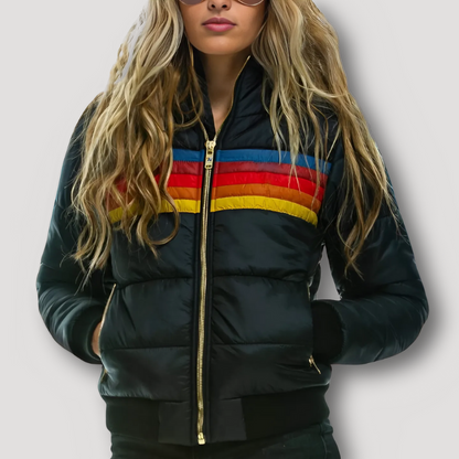 Puffer Coat With Hood Retro Rainbow Striped Jacket Women