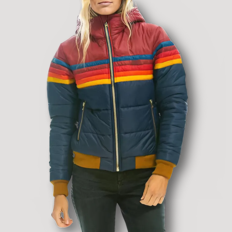 Puffer Coat With Hood Retro Rainbow Striped Jacket Women