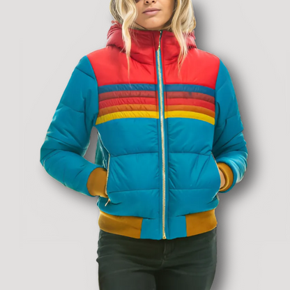 Puffer Coat With Hood Retro Rainbow Striped Jacket Women