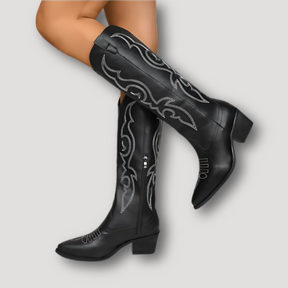 Tribal Pattern Cowboy Leather Boots Women Knee High