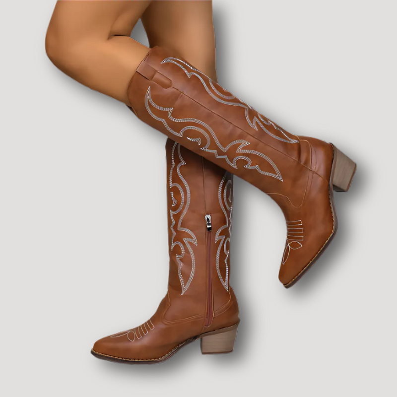 Tribal Pattern Cowboy Leather Boots Women Knee High